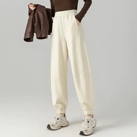 休闲运动裤女春秋款2023新款米色裤子显瘦高腰美式卫裤宽松哈伦裤商品大图