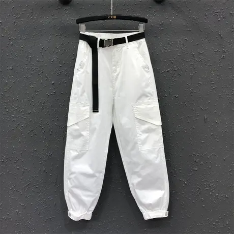 夏季薄款白色工装裤女2023新款休闲帅气高腰显瘦束脚裤百搭九分裤图片