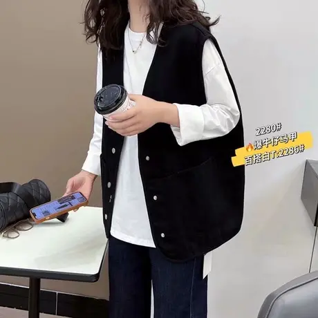 春装新款韩版大口袋宽松黑色牛仔马甲女小众文艺无袖外套坎肩马夹图片
