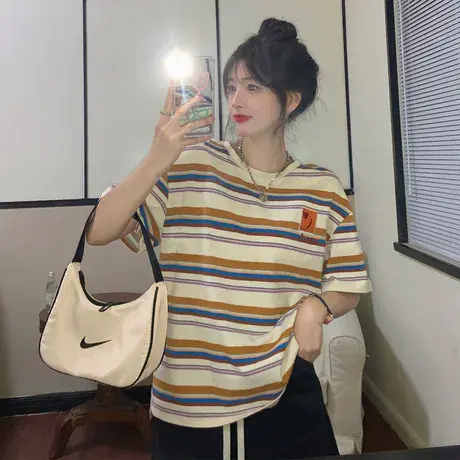 条纹正肩纯棉短袖t恤女夏宽松设计感小众别致港味chic半袖上衣服商品大图