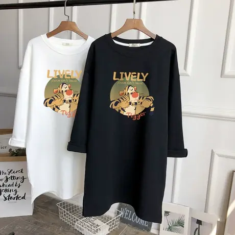 2022新款纯棉长袖T恤女圆领中长款韩版宽松休闲大码秋冬打底衫潮商品大图