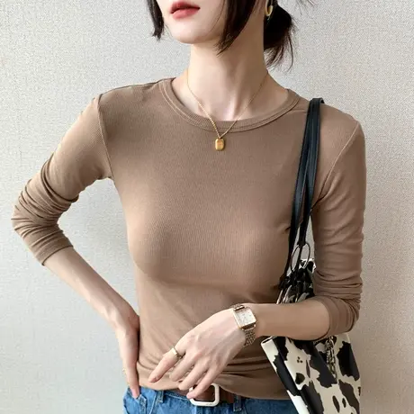 纯色圆领长袖T恤女2023早秋新款西装内搭修身收腰显瘦百搭打底衫商品大图