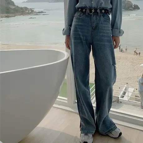 港风2023新款韩版夏装宽松老爹裤开叉休闲裤女牛仔裤盐系少女ins图片
