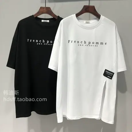 短袖t恤女2021夏季新款韩版ins潮字母宽松中长款开叉设计感上衣服商品大图