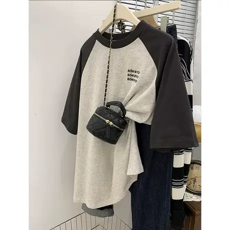 美式复古灰色插肩袖短袖t恤女夏季夏设计感小众半袖体恤宽松上衣图片