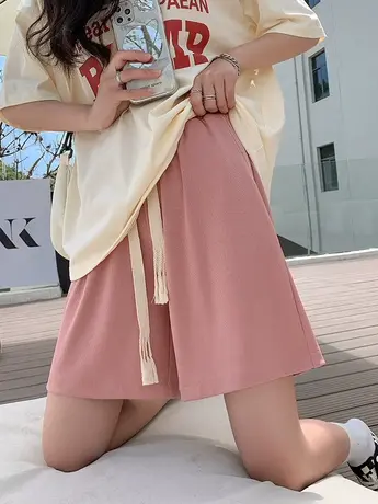 粉色运动短裤女夏薄款高腰阔腿抽绳中裤宽松休闲冰丝五分裤潮ins商品大图