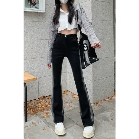 美式复古直筒牛仔裤女秋冬高腰弹力显瘦微喇马蹄裤子窄版阔腿裤春图片