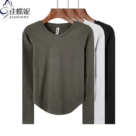 秋冬新款圆领修身下摆圆弧纯欲短款纯棉纯色长袖体恤上衣女打底衫商品大图