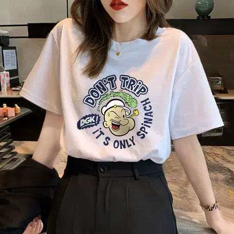 纯棉特大码欧美胖mm半袖上衣ins潮宽松oversize卡通复古短袖t恤女商品大图