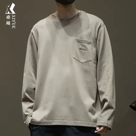 300g重磅精梳棉长袖T恤男士卡其色刺绣口袋内搭单衣秋季宽松大码商品大图