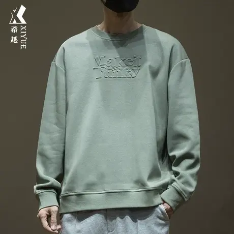 希越秋季320克重磅复合钢印卫衣男宽松大码纯色水洗圆领休闲上衣商品大图