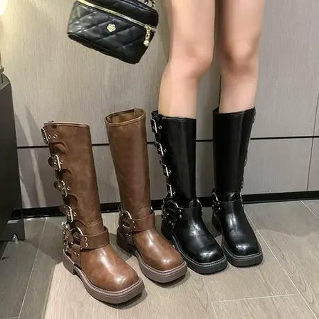厚底棕色小个子长筒靴女靴子2023新款夏季复古牛仔中长靴春秋短靴图片