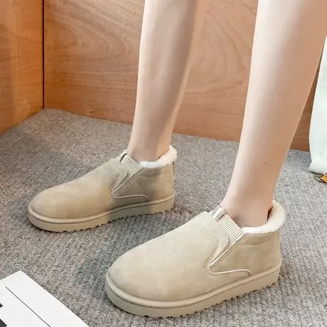 雪地靴女2023年新款冬季加绒加厚皮毛一体面包女鞋低帮米白色棉鞋图片