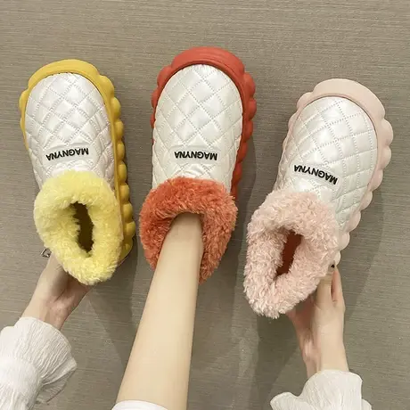 羽绒布防水高帮保暖棉鞋女冬季家居家室内厚底加厚加绒包跟棉拖鞋商品大图