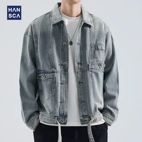 hansca工装牛仔外套男秋季新款日系复古潮牌痞帅休闲大码翻领夹克商品大图