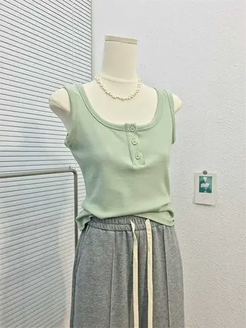 夏装新款深U领显瘦露锁骨背心 2023休闲百搭排扣小开领辣妹上衣女图片