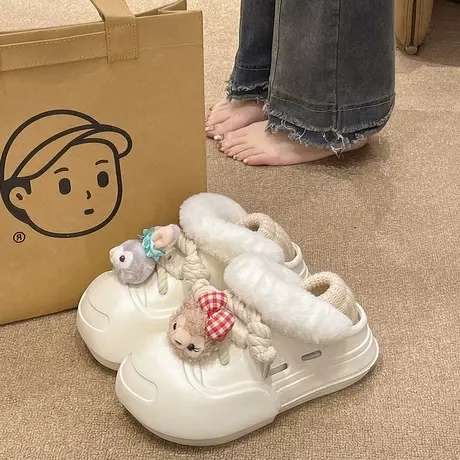 加绒洞洞鞋女冬季外穿可爱大耳兔厚底防滑保暖外穿可拆卸包跟棉鞋商品大图
