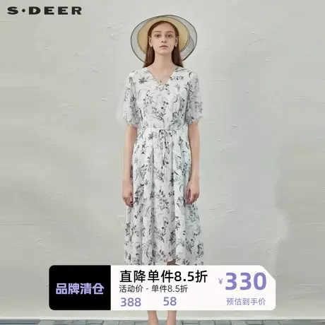 sdeer圣迪奥女装V领印花网纱收腰泡泡袖连衣裙S232Z12JS图片