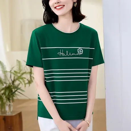 夏季新品经典条纹纯棉短袖体恤衫中年妈妈装重工刺绣大码宽松女装图片