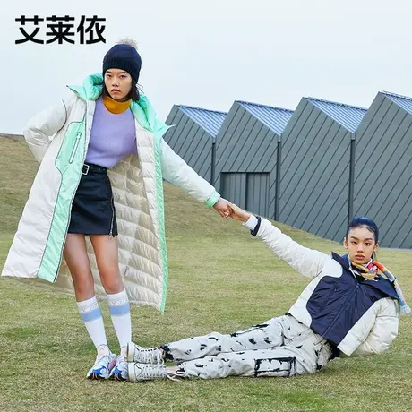 艾莱依艾莱依保暖运动女个性时尚撞色羽绒服宽松中长款保暖两面穿商品大图