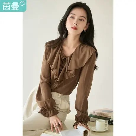 茵曼秋女装新款法式荷叶领领边波浪边宽松通勤长袖衬衫衬衣图片
