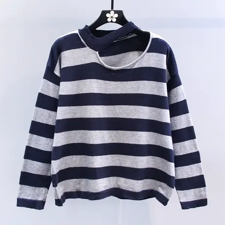 设计感小众条纹长袖针织衫女秋冬2023新款镂空挂脖内搭打底衫上衣图片