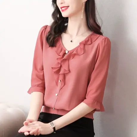 中袖雪纺衫甜美夏季女上衣短袖新品2023新款时尚小衫洋气高贵短款商品大图