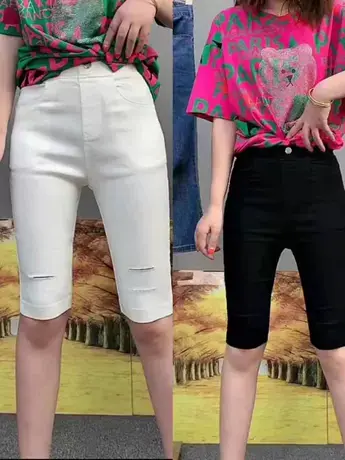 破洞五分裤女紧身显瘦中裤高腰短裤打底裤外穿夏季薄款网红骑行裤图片