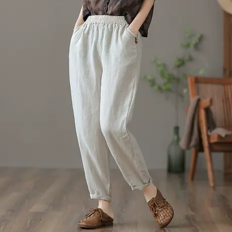 dza 夏季显瘦阔腿亚麻九分裤子女士薄款老爹萝卜裤宽松棉麻防蚊裤图片