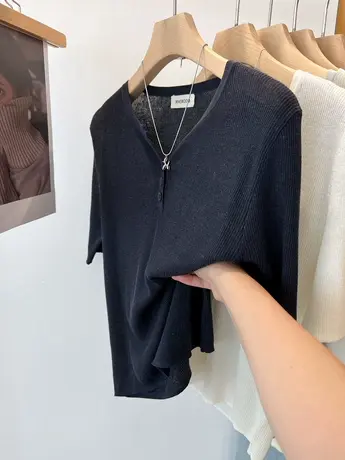 自留3件！不闷热 简约气质小纽扣亚麻透气薄款针织衫短袖上衣女秋商品大图