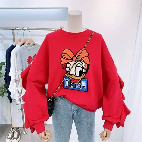 卫衣女春秋薄款2020新款韩版ins潮刺绣减龄慵懒风大码飞飞袖上衣商品大图