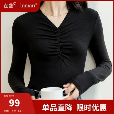 茵曼发热安迪绒长袖T恤女2024春季新款V领修身显瘦内搭打底衫上衣图片