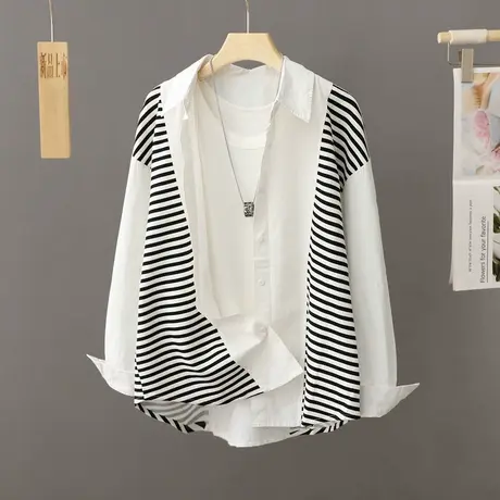 薄款条纹拼接衬衫休闲外套女2023春秋新款宽松设计感小众衬衣上衣图片