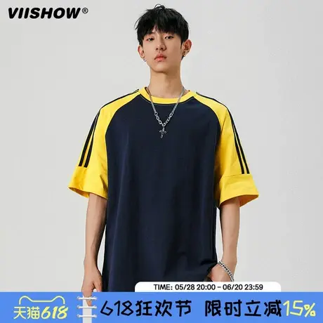 VIISHOW宽松三条杠短袖T恤女休闲运动风oversize拼接条纹上衣服夏商品大图