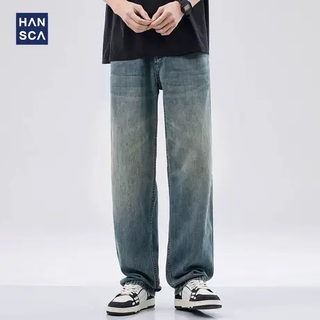 hansca蓝色港风水洗直筒牛仔裤男夏季新款痞帅复古做旧马骝长裤子图片