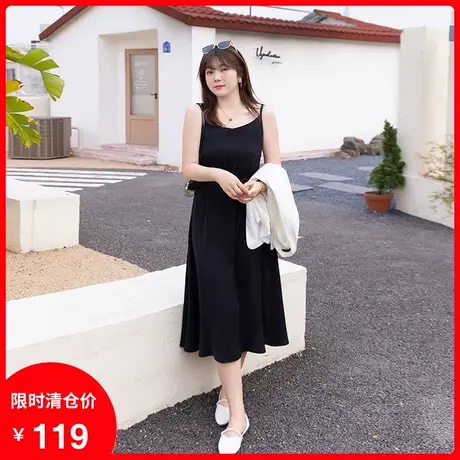 2023秋季新款显瘦遮肉胖MM百搭收腰绑带吊带裙黑色大码过膝中长款商品大图