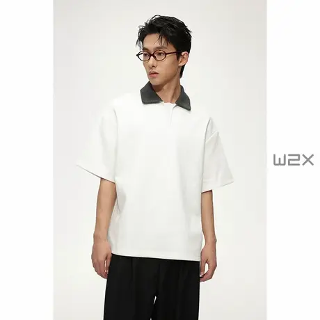 w2x夏季有领拼色设计感落肩宽松短袖POLO衫痞帅高级感休闲保罗衫商品大图