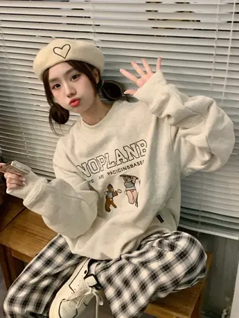 美式vibe别致卫衣女秋卡通小熊设计感减龄薄外套学院风大码上衣潮商品大图