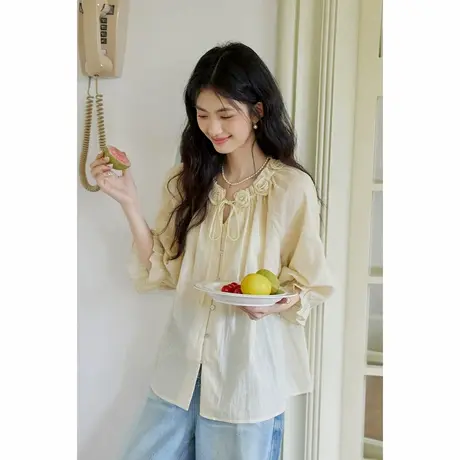 弥古法式立体花朵黄色衬衫上衣女2025夏季宽松气质多巴胺中袖衬衣图片
