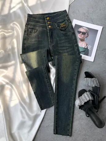 磨白复古排扣牛仔小脚裤2023秋季新款弹力显瘦高腰长裤包臀铅笔裤商品大图