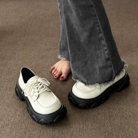 厚底乐福鞋女2023春秋新款松糕系带增高jk学院英伦风小皮鞋女单鞋商品大图