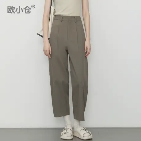 欧小仓 华尔兹中空纱斜纹香蕉裤 时尚通勤奶奶裤 西装弧形九分裤图片