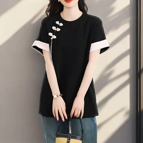 妈妈短袖t恤女装黑色新中式国风2025新款衣服大码胖mm巨遮肚上衣商品大图