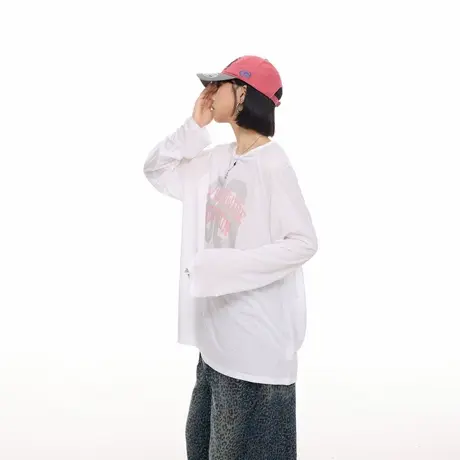 美式复古数字印花莱赛尔凉感物理防晒罩衫女春秋新款长袖T恤上衣商品大图