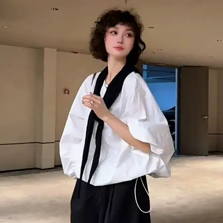韩系抽绳长袖衬衣女2025秋季新款潮流时尚宽松百搭纯色圆领衬衫潮商品大图