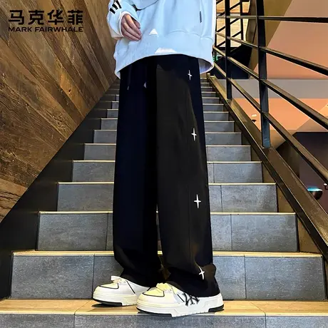 马克华菲黑色裤子男士春秋款阔腿宽松直筒运动卫裤男生休闲裤新款商品大图