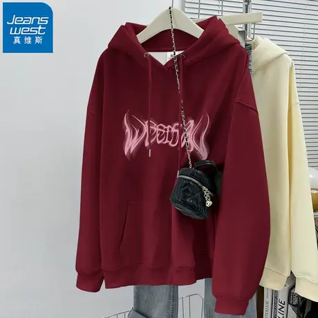 NR真维斯慵懒风oversize美式高街酒红色卫衣女连帽重磅情侣上衣潮商品大图