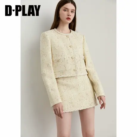 DPLAY【鎏金小香系列】2025年秋季白色半身裙女含羊毛粗花呢裙子图片