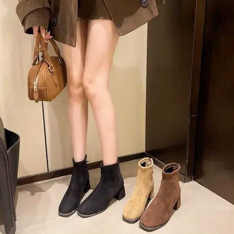 法式粗跟短靴女2025秋季新款时尚加绒保暖瘦瘦靴百搭气质高跟靴子商品大图
