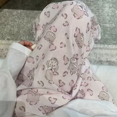 粉豹纹小熊~可爱卡通全棉双层纱宽松舒适长裤可外穿居家有口袋商品大图